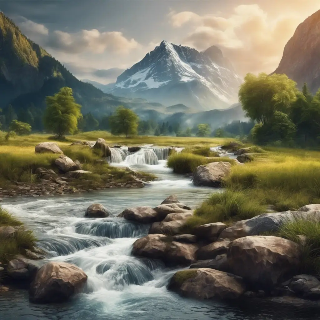 Beautiful natural landscape. It should feature a view of a mountain range, with a flowing river or waterfall in the foreground